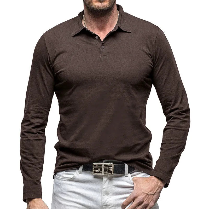 Men's long sleeve polo collar t-shirt in American retro style, shown in army green colour.