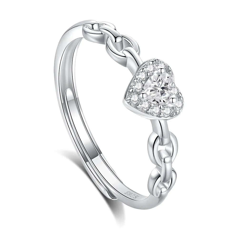 925 silver couple ring with diamond detail and adjustable opening, geometric shape with heart and chain motifs