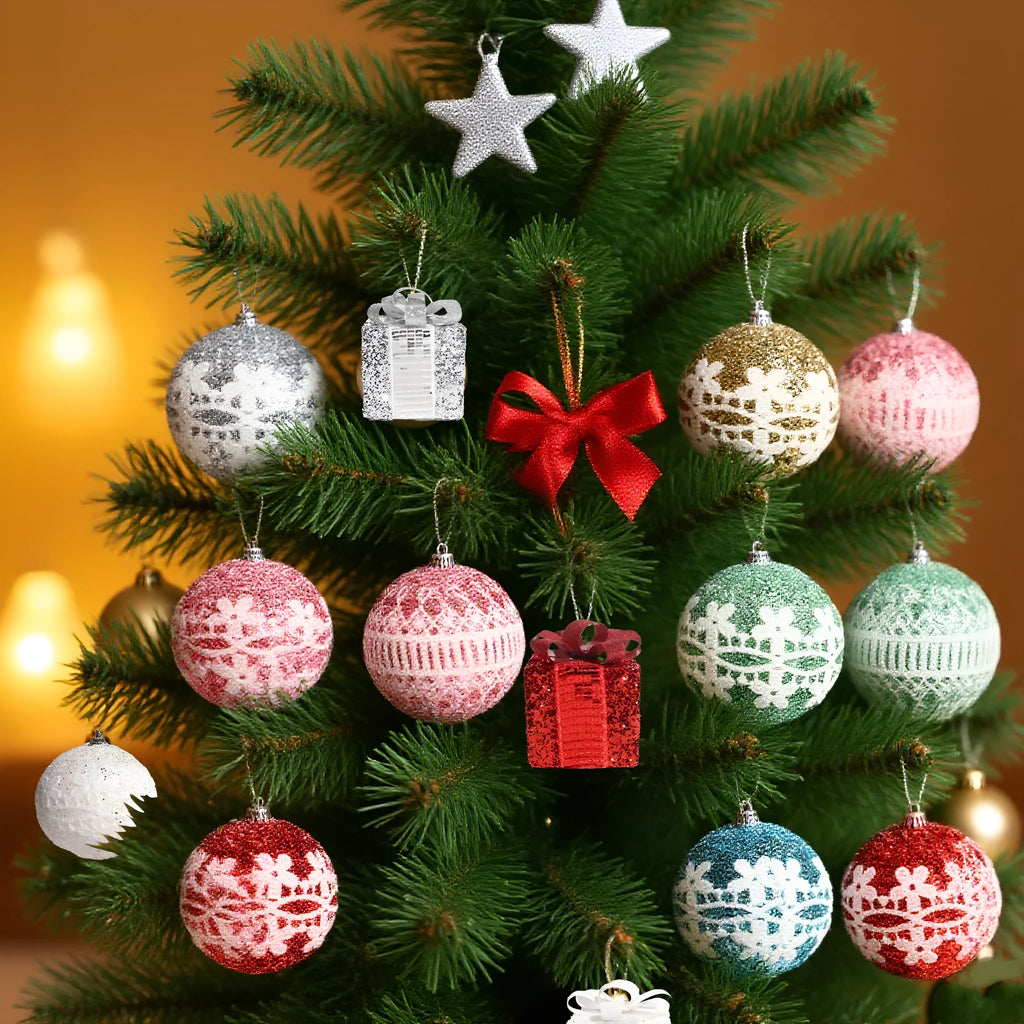 Foam Christmas tree scene pendant weaving decoration in blue, gold, green, pink, red, silver and white, 9 pack