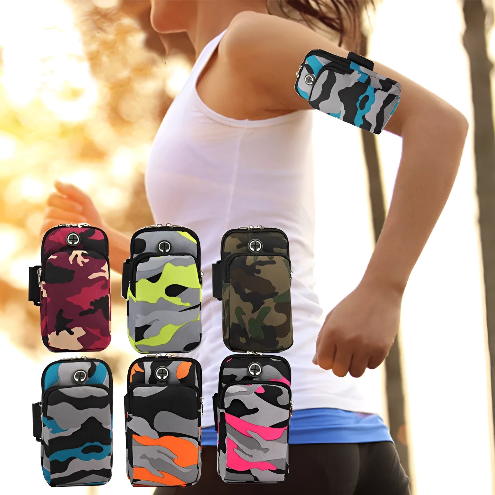 Camouflage water repellent running wrist bag for mobile phone with adjustable arm strap in seven colours