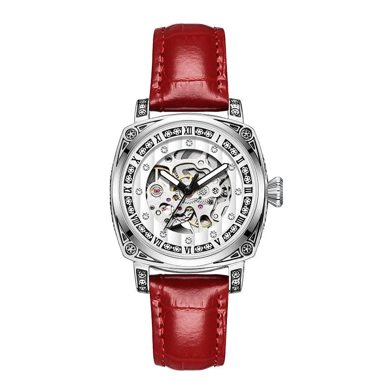 Men's mechanical watch with luminous hands on a leather strap, showing black, red, steel, and white colour options.