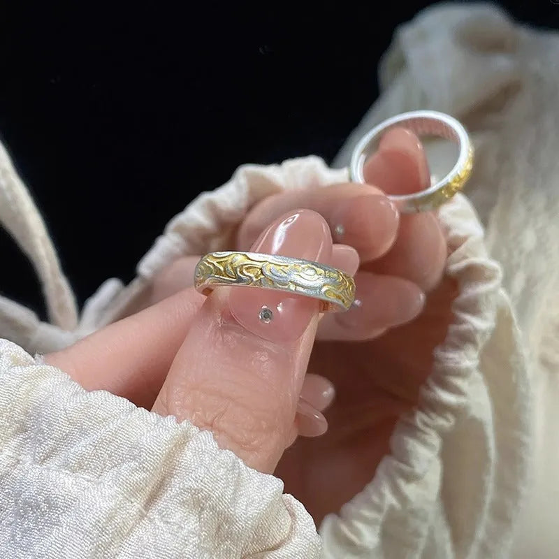 Adjustable open mouth white copper ring with geometric Xiangyun pattern and silver-gold electroplating