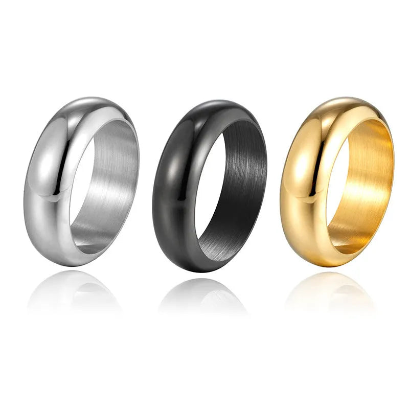 Glossy electroplated titanium steel personality ring in gold, black, or steel colour on size display