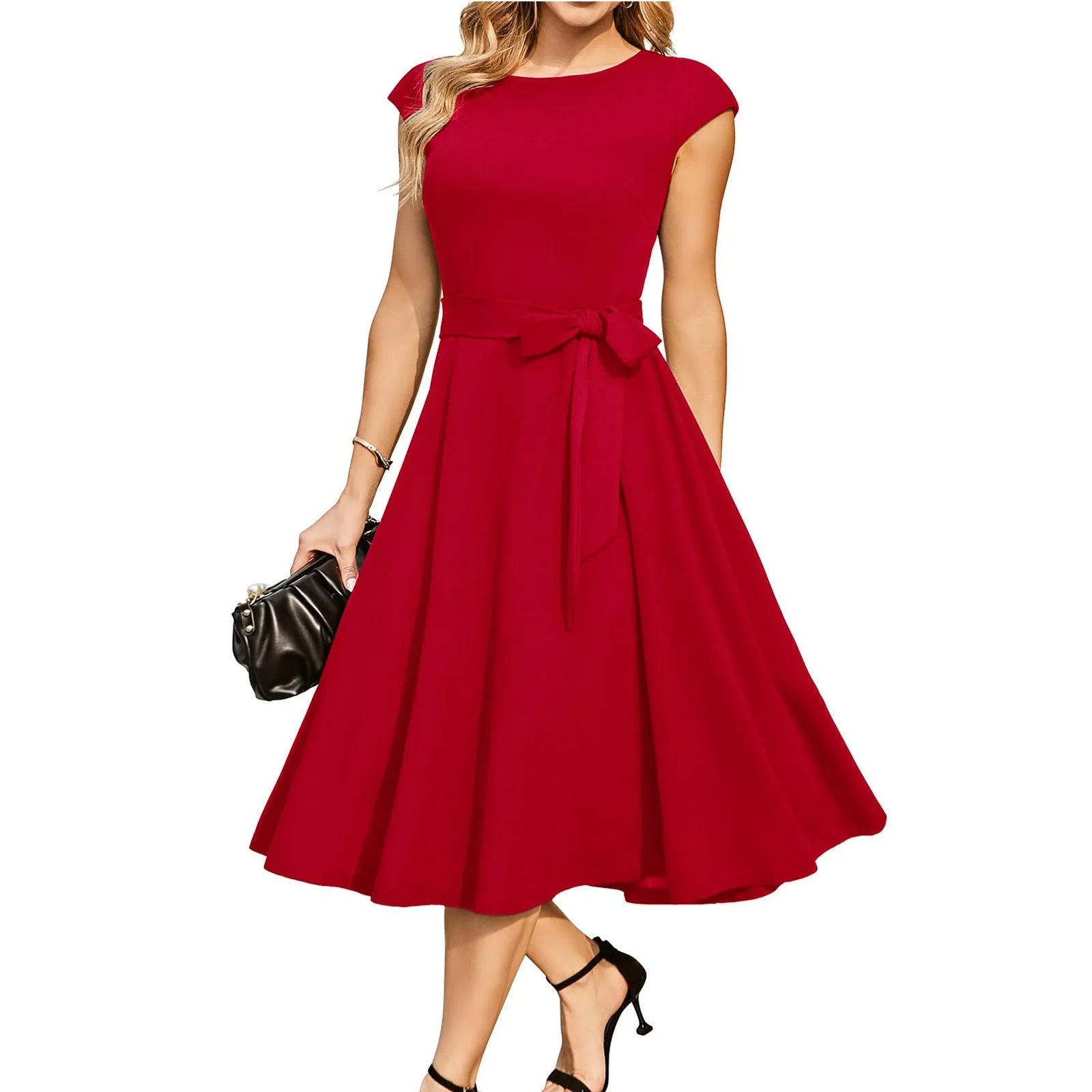 Black sleeveless party dress with lace-up waist and oversized swing skirt on a mannequin