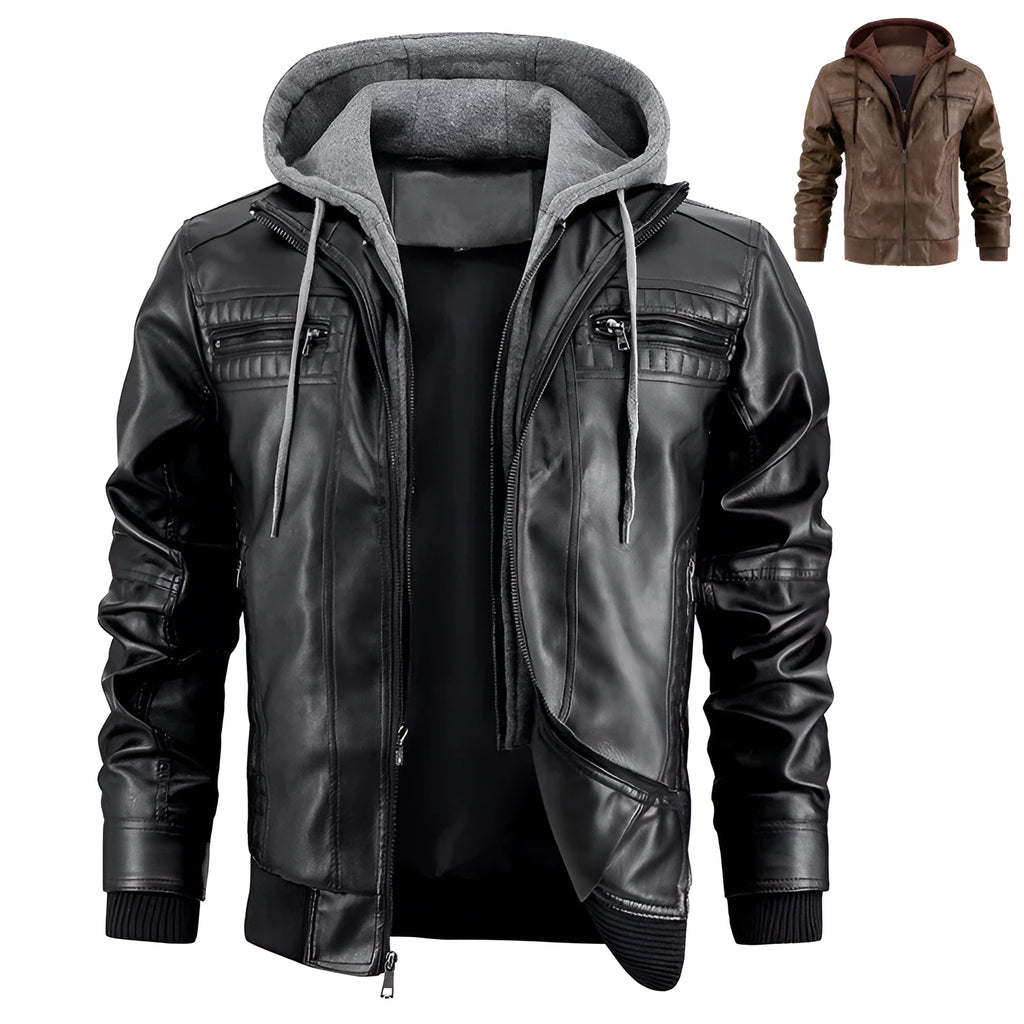 Men's black PU leather hooded jacket with zipper pockets, normal length 50cm, front view