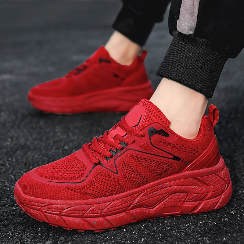 Cushioned rebound long-distance running shoes with breathable mesh upper, rubber and EVA sole, front lacing, in white, black, red, or yellow.