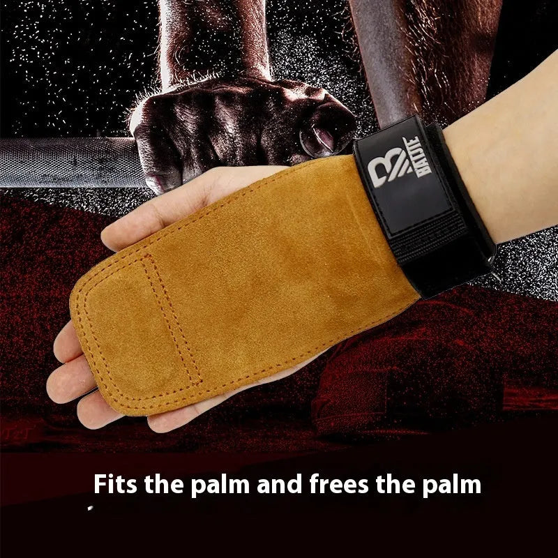 A pair of brown full-grain leather wrist support bands with hook-and-loop fasteners, laid flat.