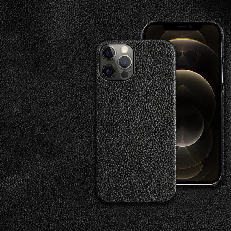 Genuine leather brown iPhone protective case showing half-coverage design on an iPhone.