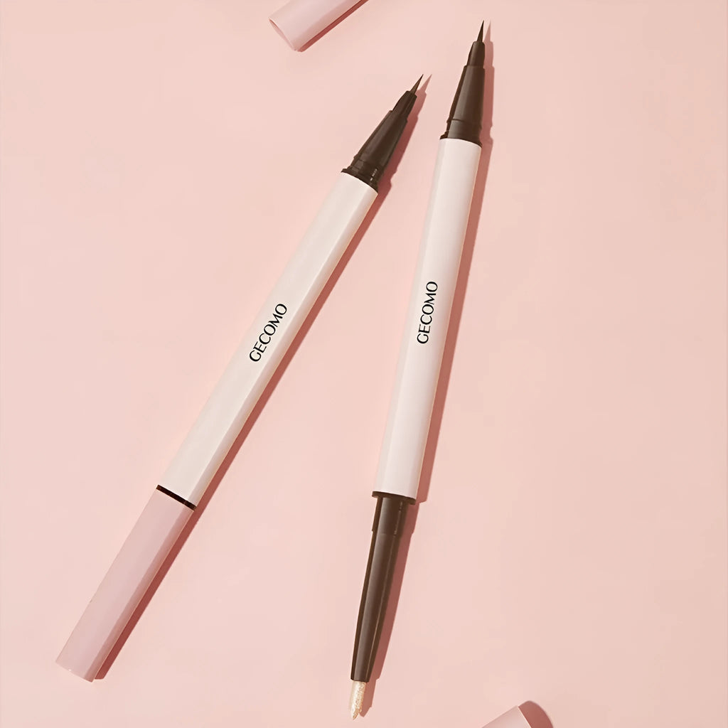 Double-headed liquid eyeliner pen with pearlescent star eyes design in floating platinum and nude apricot colours