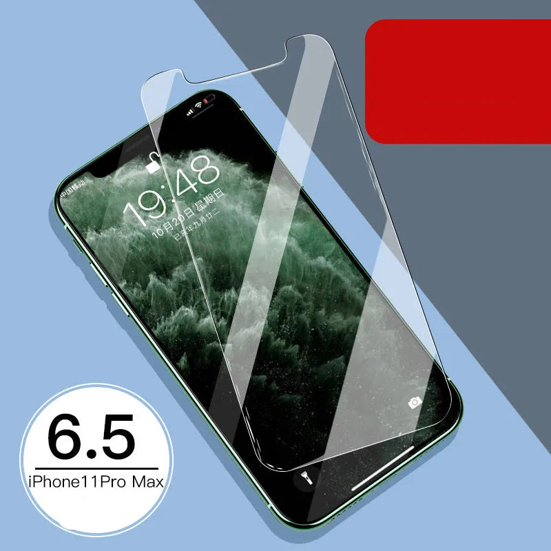 Tempered glass screen and rear protector film for Apple iPhone models on a table.