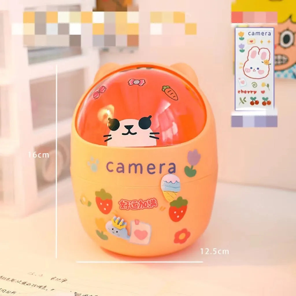 Plastic mini bear shaped desktop trash can with press-type lid in beige gray, includes stickers and garbage bags