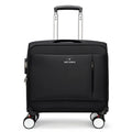 Black 18-inch Oxford cloth carry-on suitcase with retractable handle and four spinner wheels on airport floor.