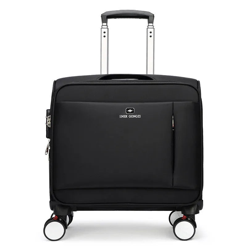 Black 18-inch Oxford cloth carry-on suitcase with retractable handle and four spinner wheels on airport floor.