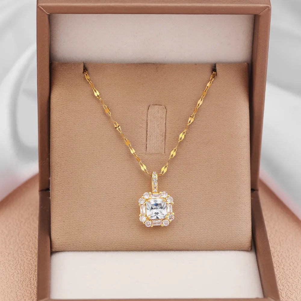 Gold geometric quadrilateral pendant with mixed gem inlays on titanium steel water wave chain necklace