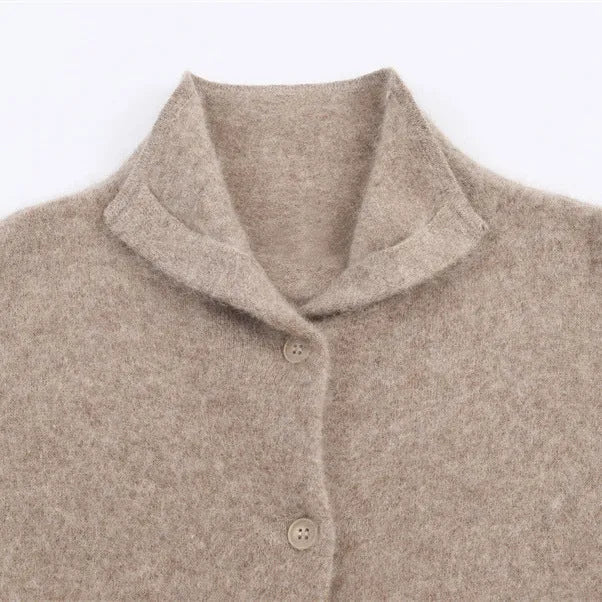 Khaki Korean-style casual high-neck pullover cardigan with stripe colour block and patchwork splicing for women