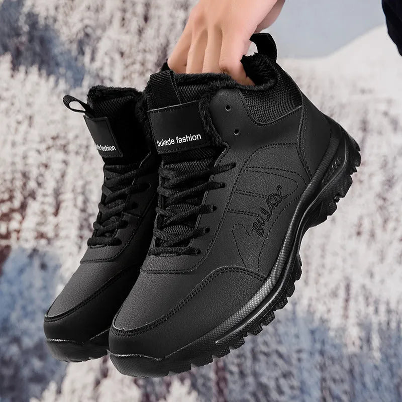 Men's large size fleece-lined mid-top casual sports shoes in black with rubber sole and lace-up closure