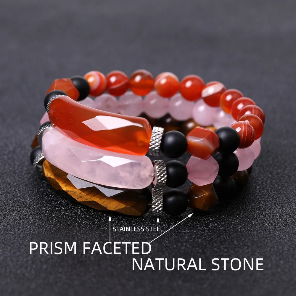 Close-up of a handmade diamond-cut black agate bracelet with geometric, fan-shaped design elements.