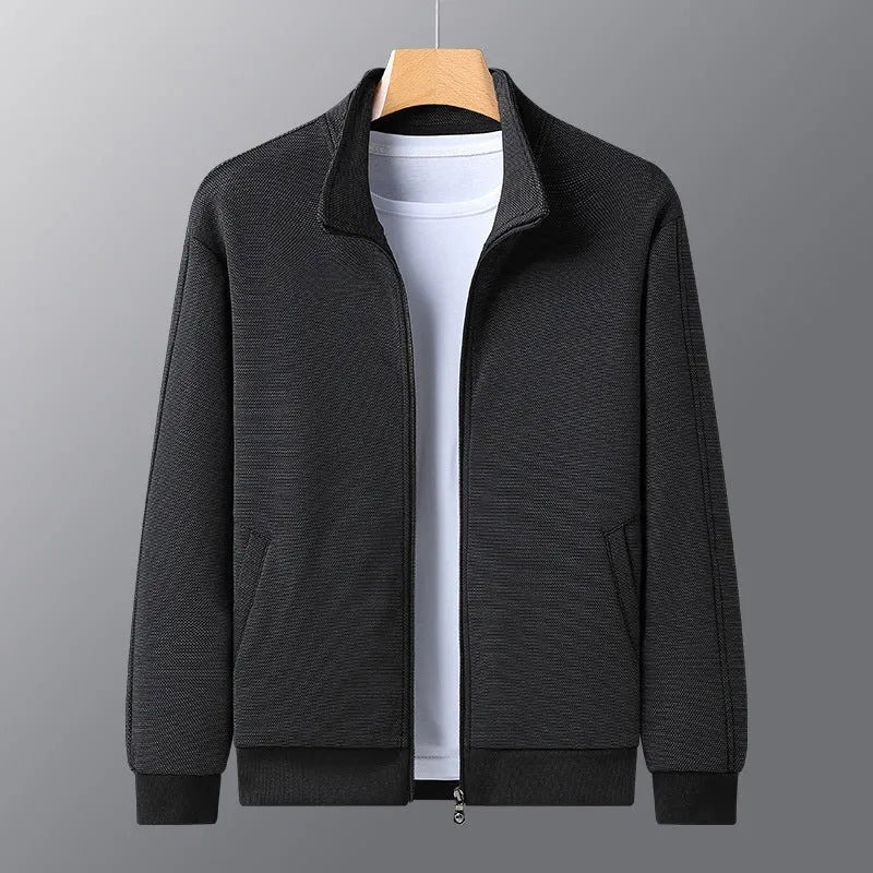 Men's black athletic fit casual jacket with a standing collar and front zip.