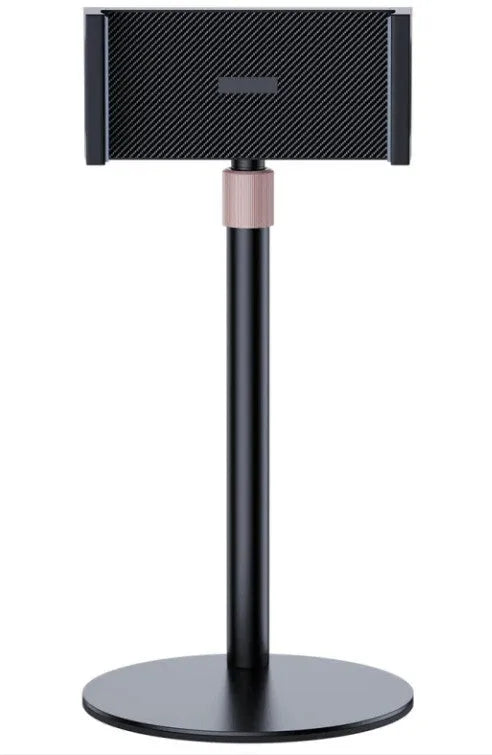 Metal tablet mounting bracket with telescopic arm extended, showing black finish