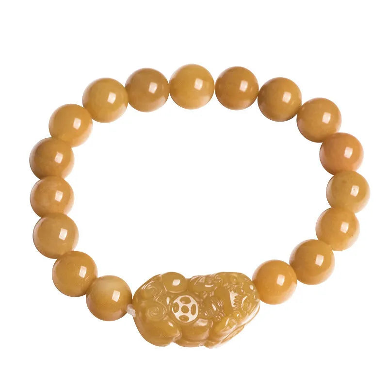 Carved Jinsi Jade money motif bracelet in Golden Thread Jade colour showing 10mm and 13mm bead size options.
