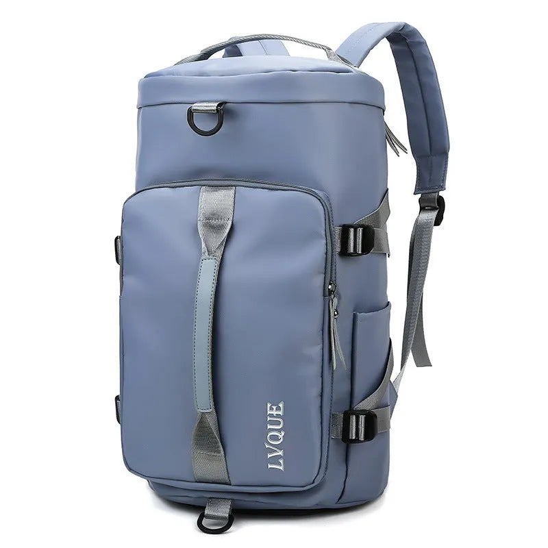 Waterproof nylon gym backpack showing shoe compartment, multiple pockets, and combination lock in blue colour