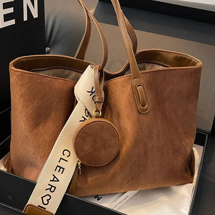 Large soft polyester shoulder tote bag in horizontal square shape with zippered internal compartment