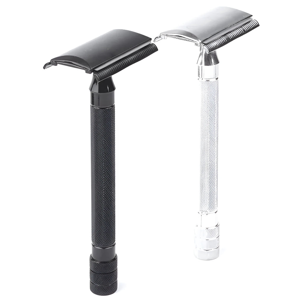 Traditional manual shaving razor scraper with brush combination set in black or silver colour
