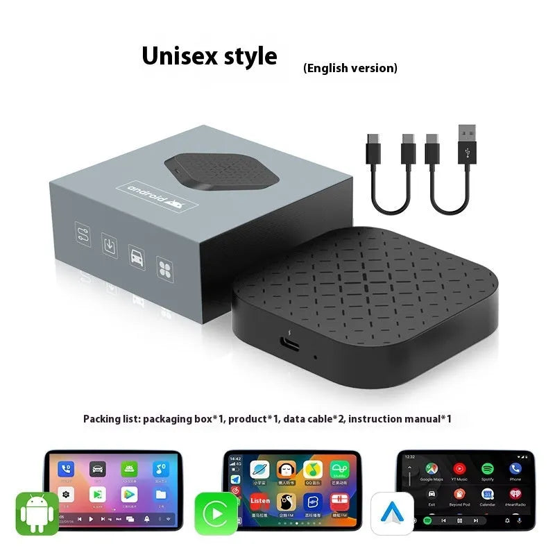 Black ABS PC CarPlay wireless adapter box with two data cables for wired car systems