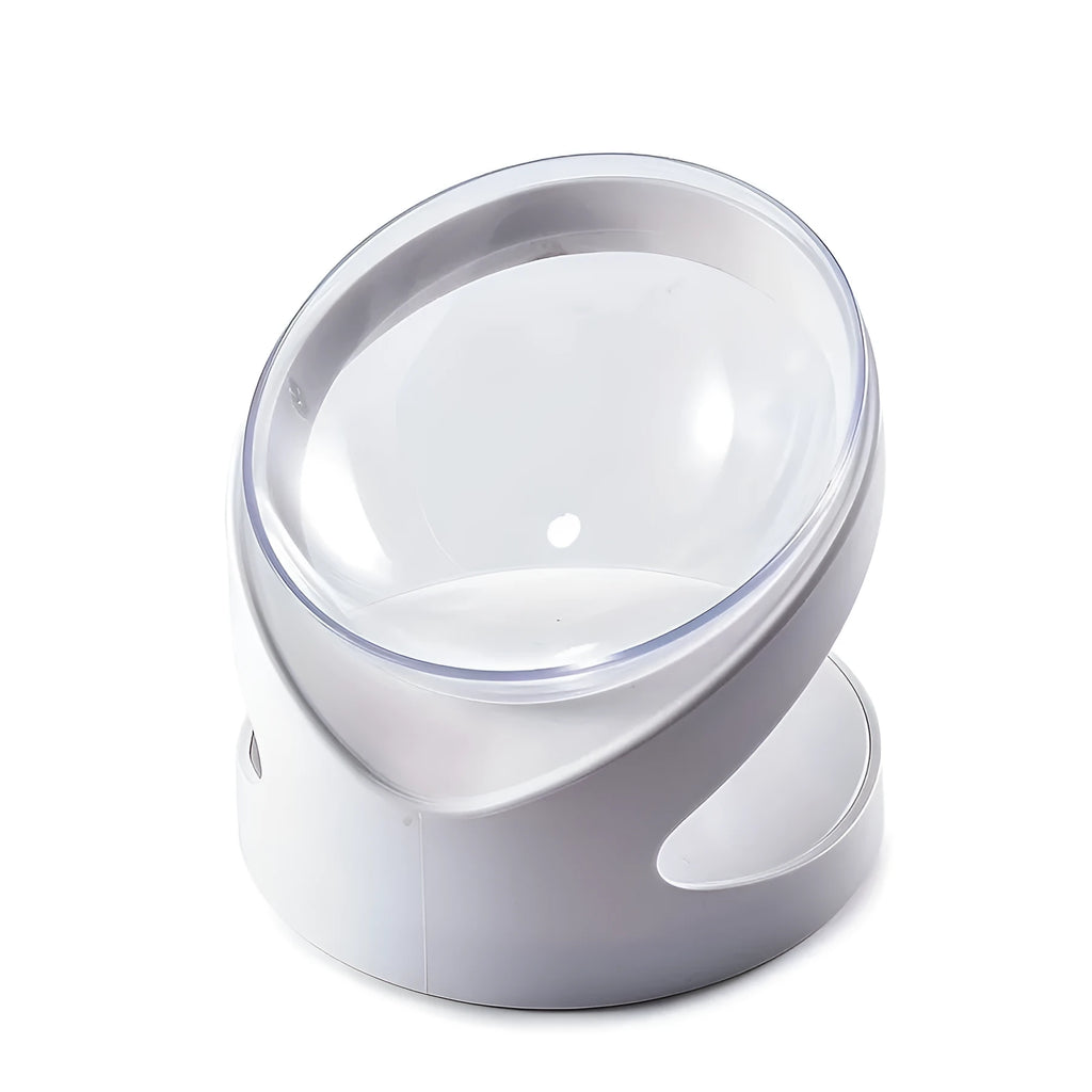White clear plastic elevated cat food bowl with tilted ergonomic design for neck protection.