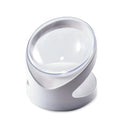 White clear plastic elevated cat food bowl with tilted ergonomic design for neck protection.