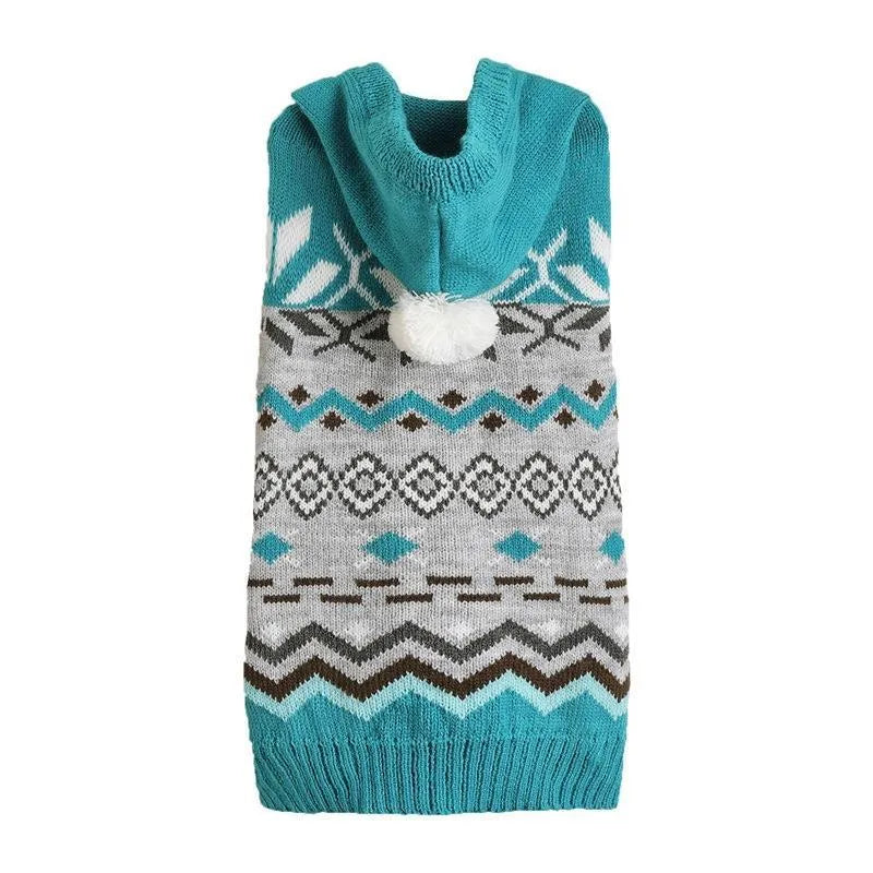 Green acrylic pet sweater with a diamond pattern knit for a dog, showing sizes XS to XL