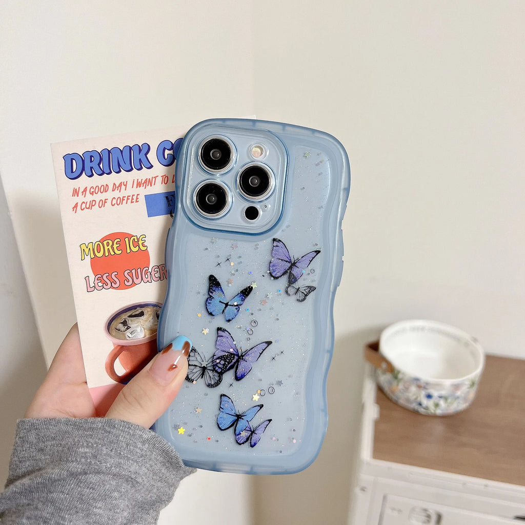 TPU transparent protective phone cover with painted butterfly glitter design and wave pattern for iPhone models