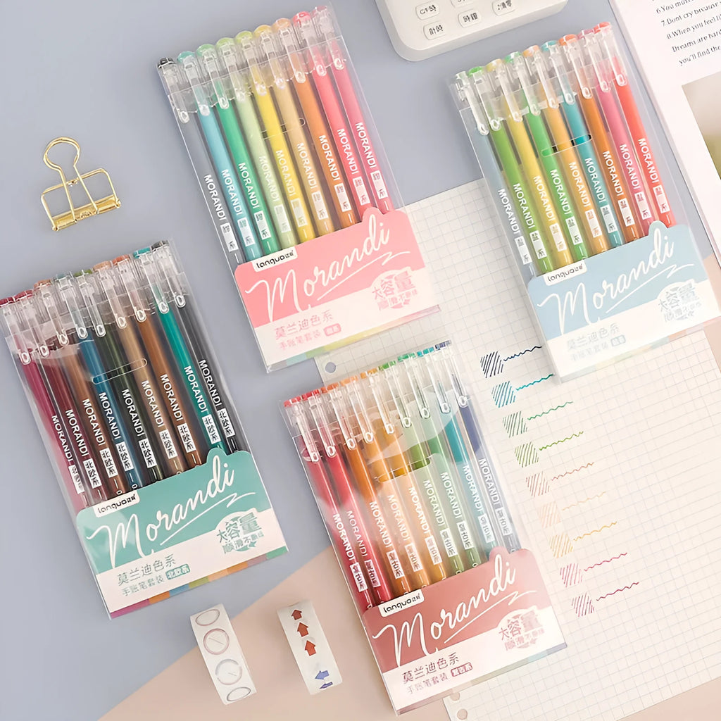 Set of nine retro-style gel pens with 0.5mm needle tips in a cardboard package.