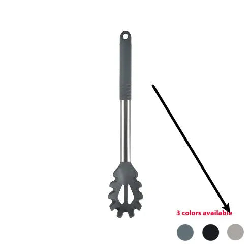 Black silicone kitchen utensil set with 12 tools stored in a rotating plastic storage bucket on a worktop.