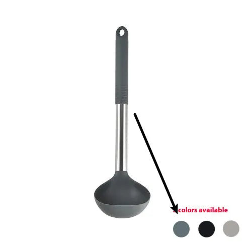 Black silicone kitchen utensil set with 12 tools stored in a rotating plastic storage bucket on a worktop.