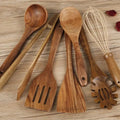 Seven-piece natural beech wood cooking utensil set with spoon and spatula designs