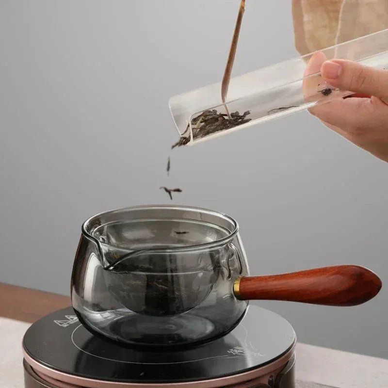 Semi-automatic rotary glass teapot with infuser and wooden handle, transparent borosilicate glass, modern simplicity style