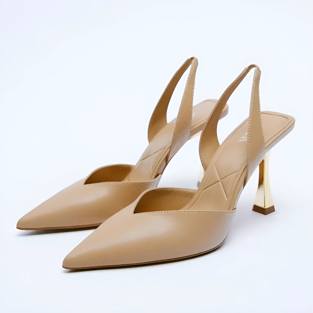 Women's pointed high heels in patent leather, shown in nude apricot and black colours.
