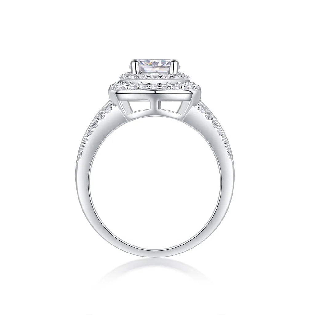 Silver moissanite ring with round inlaid stone and geometric design, shown in US sizes 5 to 9 with optional GRA certificate