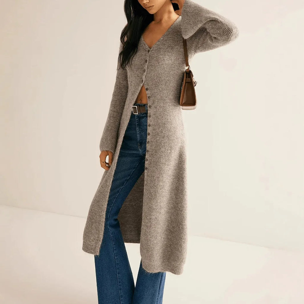 Khaki long sleeve cardigan coat with button front on a model