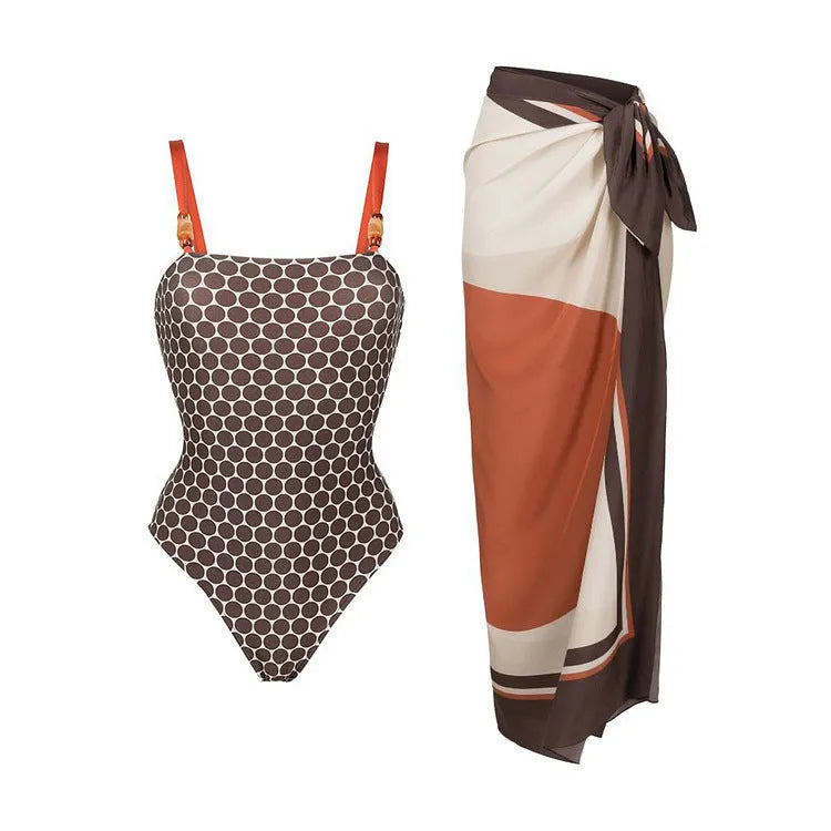 Women's dot pattern one-piece swimsuit with matching wrap skirt set