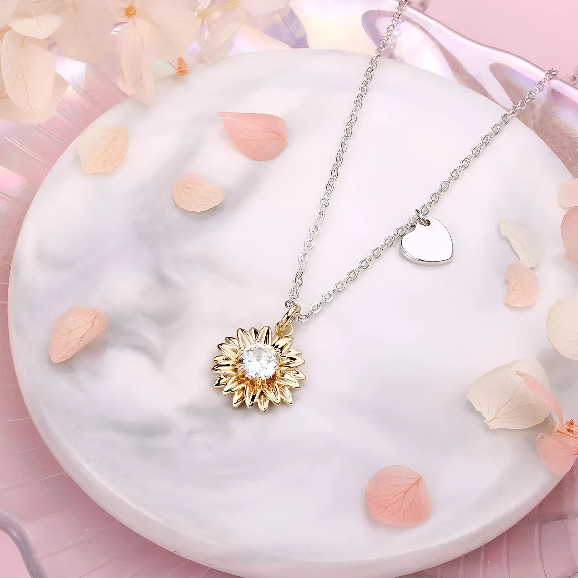 925 silver sunflower necklace for women with geometric daisy pendant on a cross chain, adjustable from 21cm to 50cm.