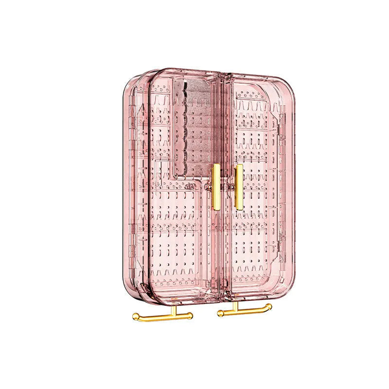 Wall-mounted plastic jewellery storage box with more than 8 layers, shown in Peach Pink or Transparent Gray for ornaments.
