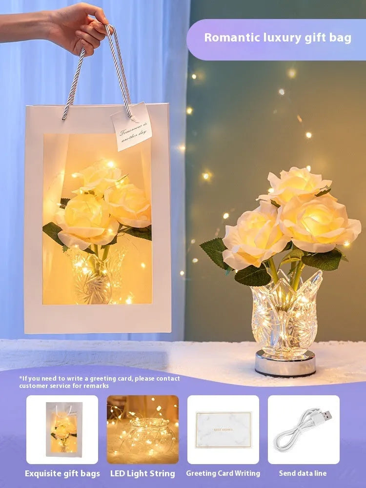 White crystal flowers design USB rechargeable touch dimming table lamp on wooden surface