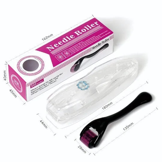 Black derma roller with 540 titanium microneedles, sizes 0.2mm to 1.0mm, for face beard scalp body