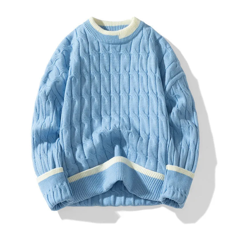 Man wearing a two-piece loose fit sweater in a sports style, showing the acrylic and modal fabric texture.