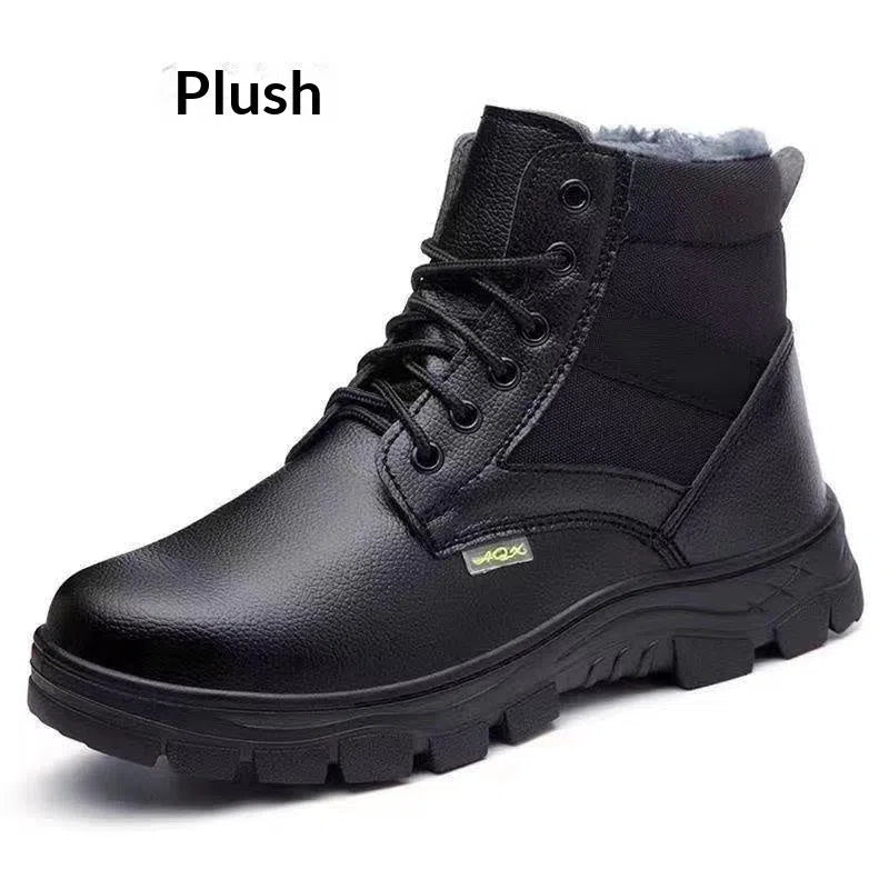 Black high-top leather safety shoes for men with steel toe cap, rubber outsole, and lace-up front