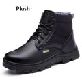 Black high-top leather safety shoes for men with steel toe cap, rubber outsole, and lace-up front