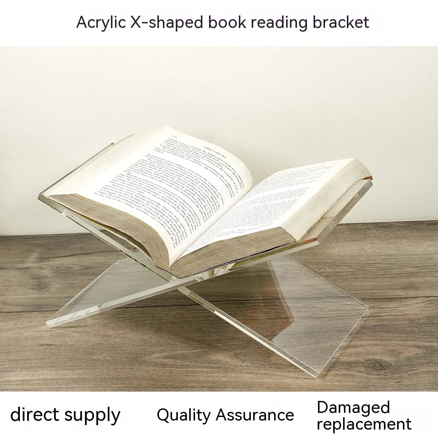 Clear acrylic X-shaped book display shelf holding reading materials on desktop