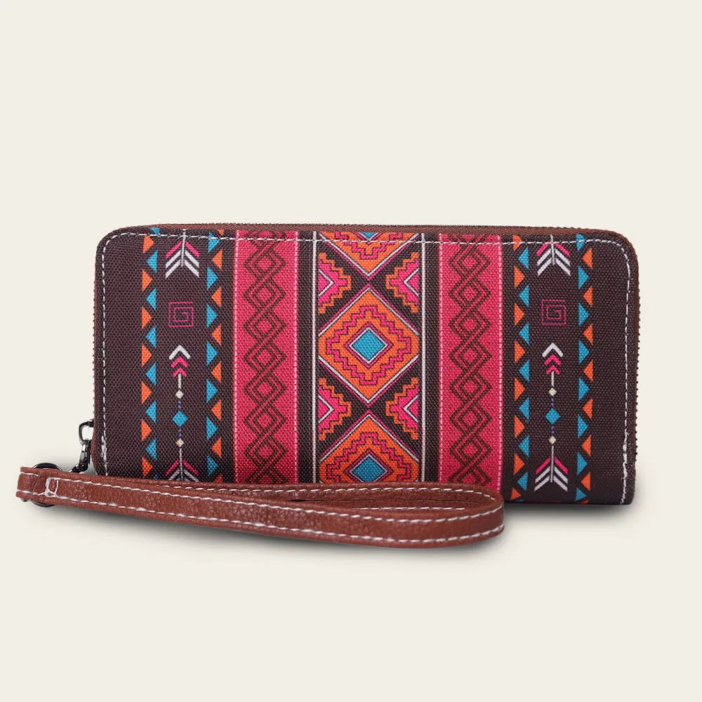 Bohemian striped canvas RFID wallet in multiple colours showing 20x10x2cm dimensions